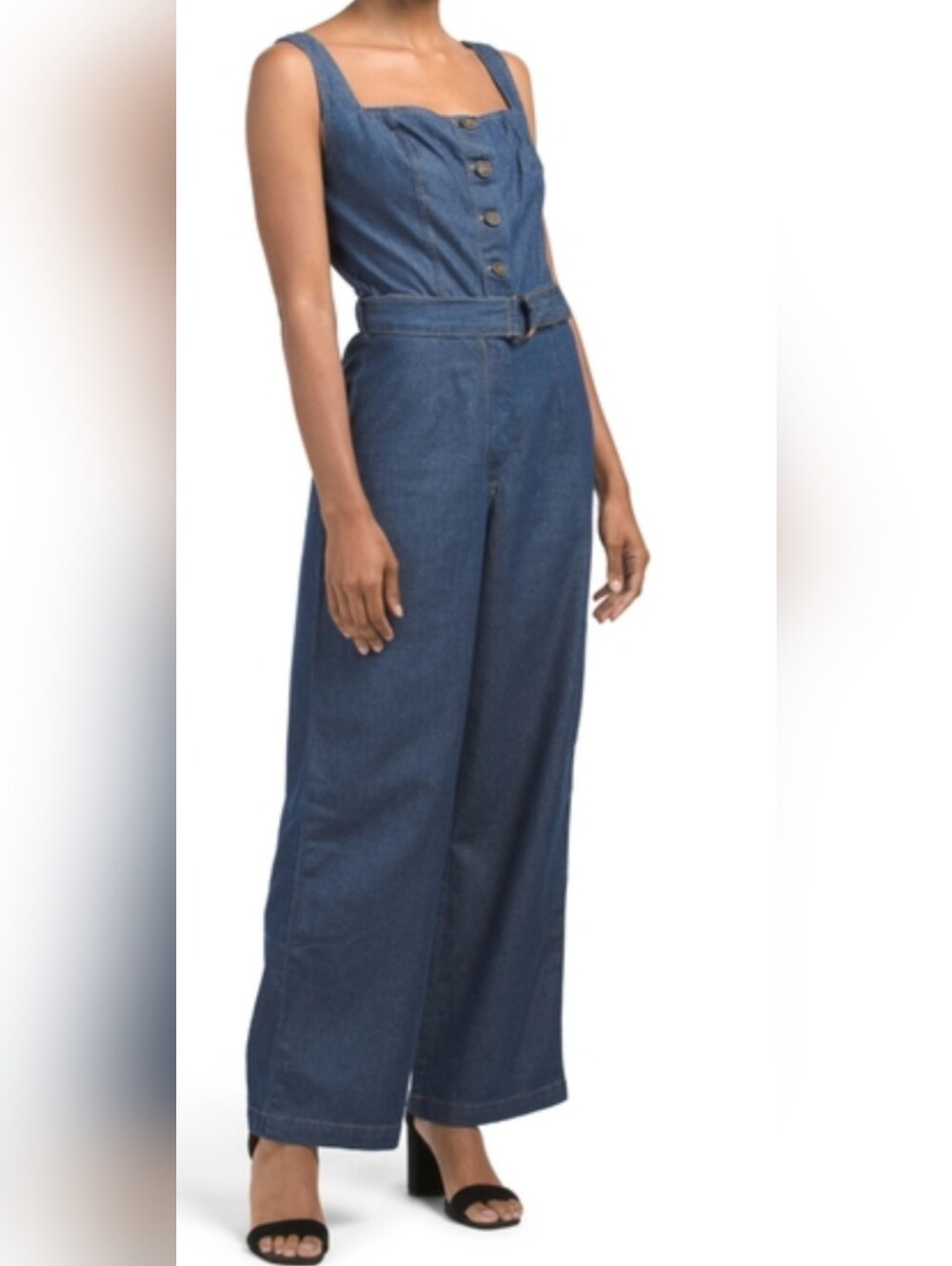 Japna Denim Button-Front Wide-Leg Jumpsuit in Dark Blue